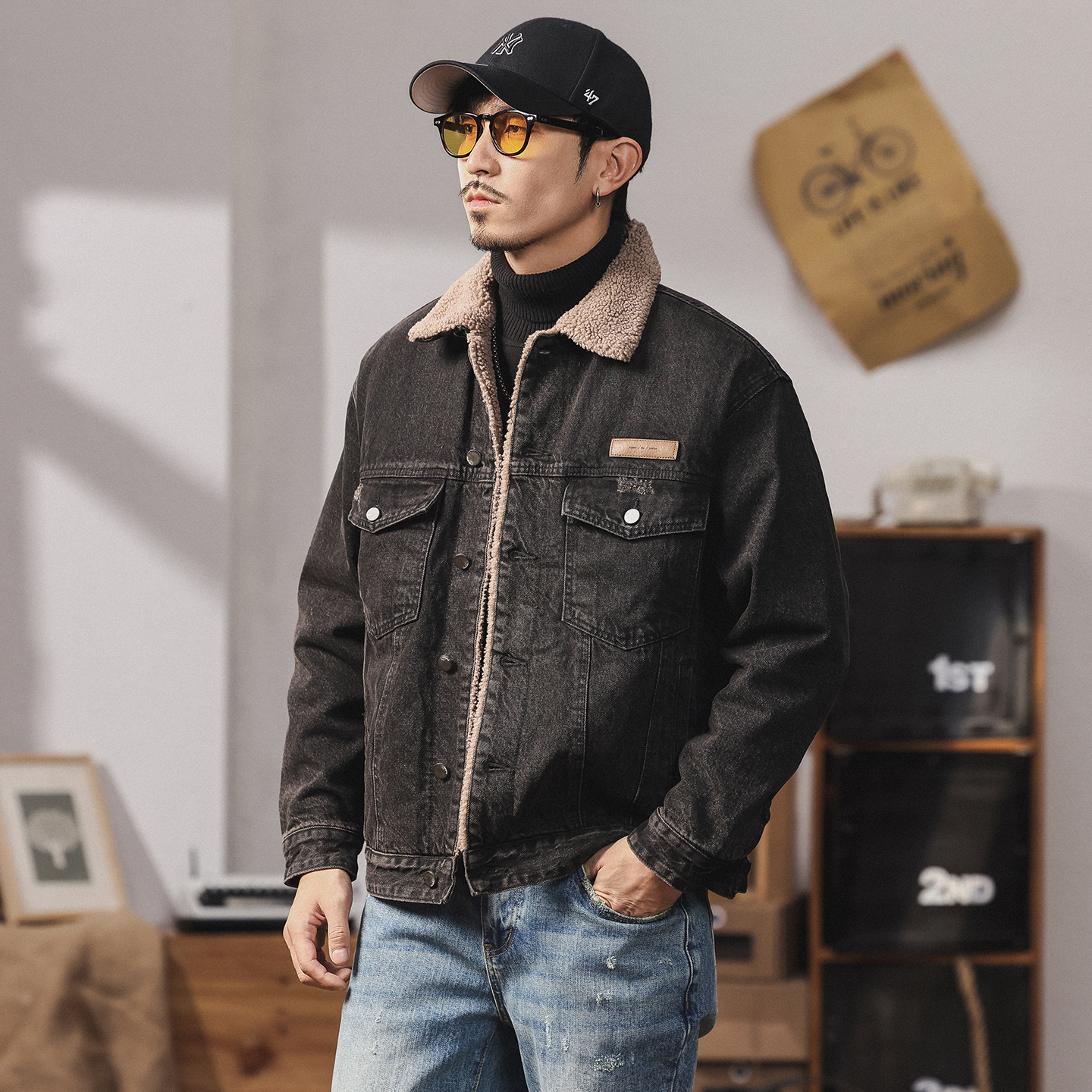 复古做旧牛仔夹克男羔绒外套
