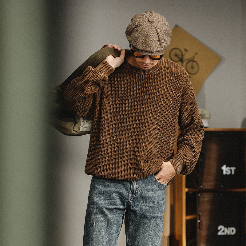 美式复古华夫格圆领毛衣男