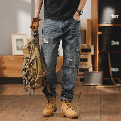 潮牌破洞牛仔裤男士2025新款夏季宽松大码百搭直筒裤子男款九分裤