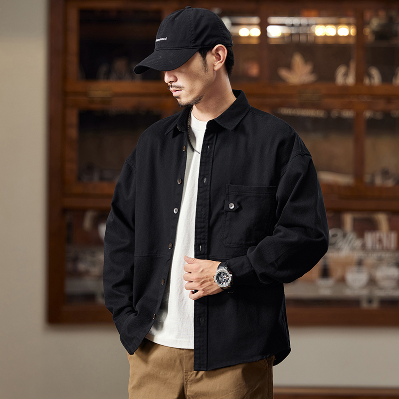 纯棉黑色翻领工装衬衫男长袖
