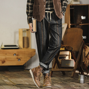 高端设计感锥形条纹英伦雅痞男装阿美咔叽潮牌复古休闲裤子男新款