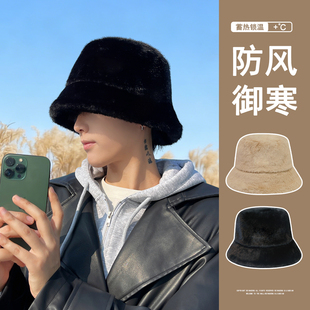 软糯毛绒渔夫帽男款秋冬季防风保暖百搭盆帽毛茸茸水桶帽子男士潮