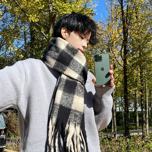 围巾男款冬季百搭韩版格子围巾男士送男友礼物情侣围脖加厚保暖潮