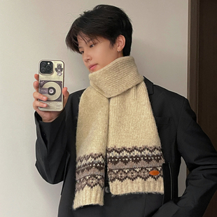 费尔岛风针织毛线围巾男款冬季学生护脖加厚保暖围脖男士2025新款
