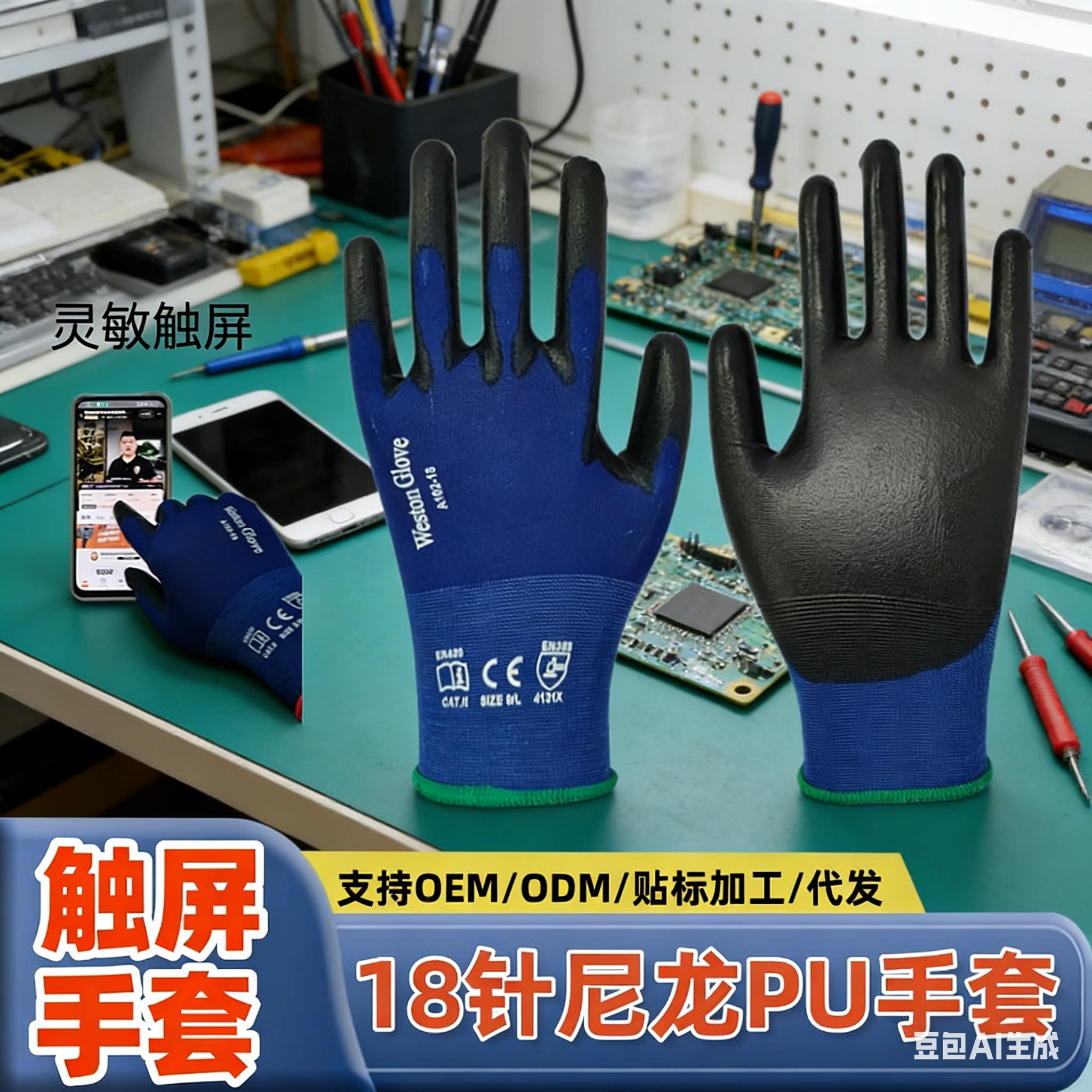 PU掌心浸胶可触屏18针尼龙透气超薄防滑耐磨手适透气工作PU手套