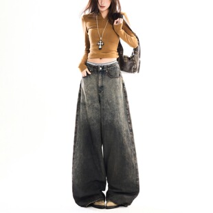 垂感拖地裤 女渐变扎染宽松显瘦阔腿裤 复古弯刀牛仔裤 1Cool美式