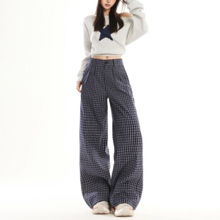 高腰宽松显瘦慵懒风直筒裤 1Cool美式 新款 女春季 子 复古格子休闲裤