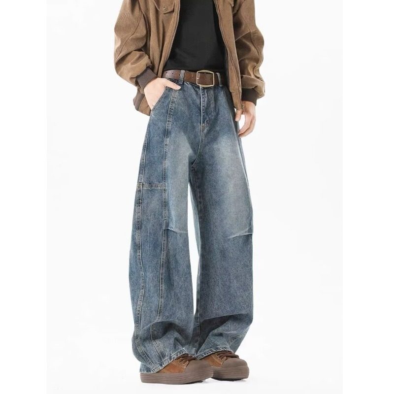 深蓝色褶皱牛仔裤男春季做旧拼接直筒裤美式潮牌复古宽松阔腿裤子