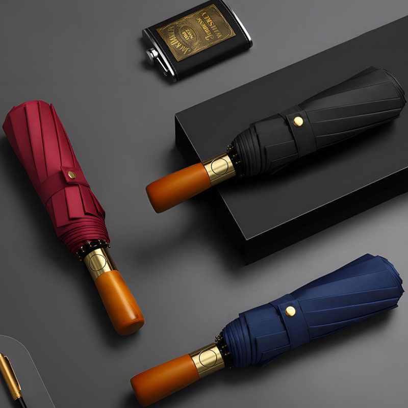 12骨全自动复古实木手柄雨伞 黑胶防紫外线遮阳晴雨两用折叠伞