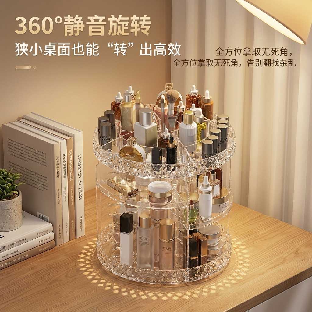 爆品纹化妆品收纳盒旋转亚克力梳妆台口红护肤品收纳化妆箱/盒