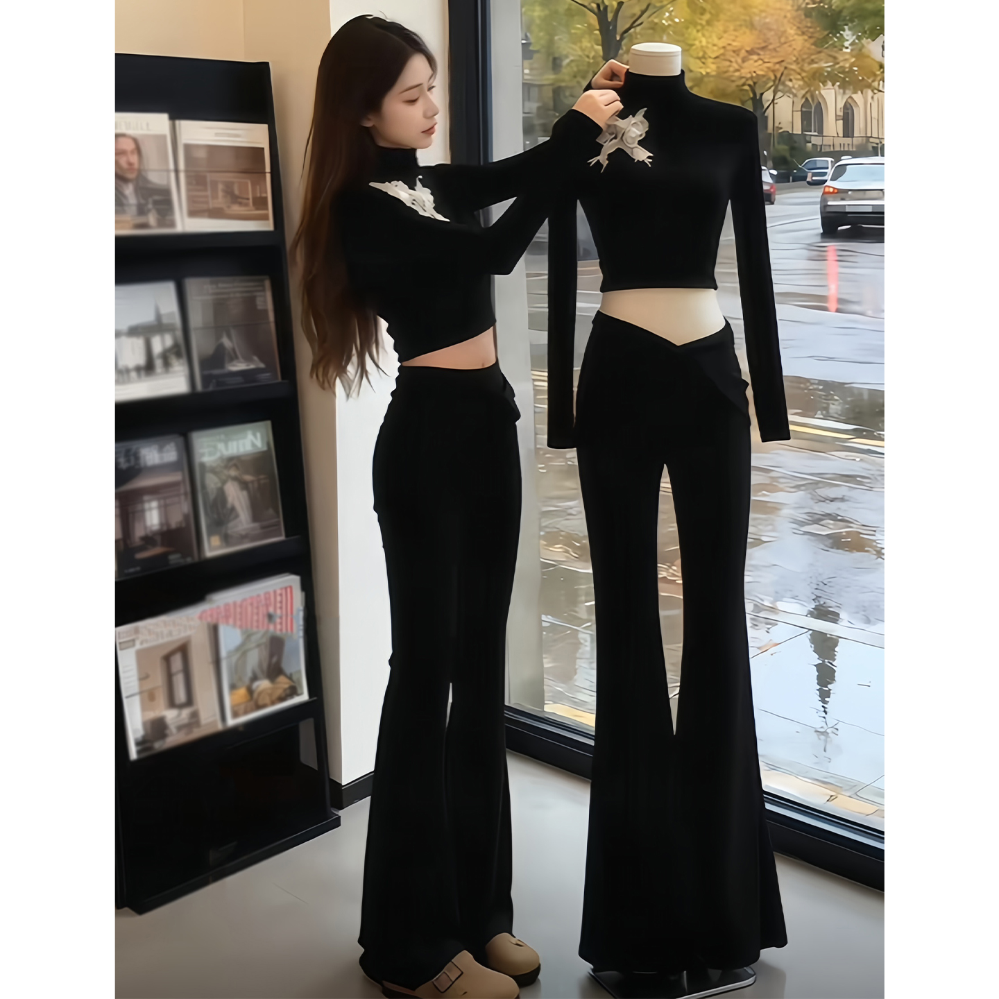 气质一整套ootd穿搭赫本风巨好看黑色上衣微喇休闲裤两件套装25秋