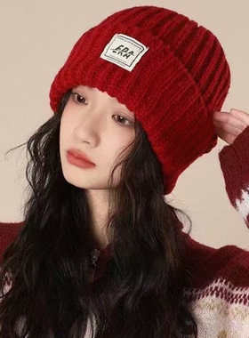 【小乐专享】「复古潮范」ERA 贴标酒红粗线针织冷帽冬季毛线帽