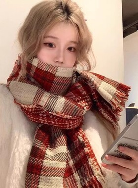 【小乐专享】复古红色格子围巾女冬季英伦经典双面仿羊绒披生围脖