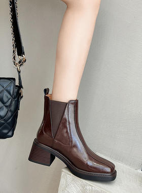 9986新款真皮马丁靴粗跟舒适百搭软底短靴瘦瘦靴弹力靴牛皮中跟