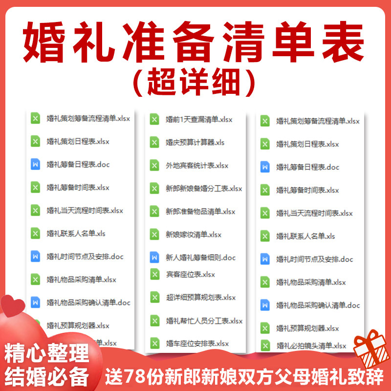 结婚婚前婚礼流程准备筹备准备必备物品采购清单日程安排表格资料