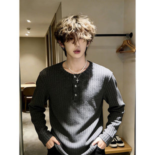 米色美式亨利领重磅条纹打底衫男春秋设计感正肩长袖T恤内搭上衣