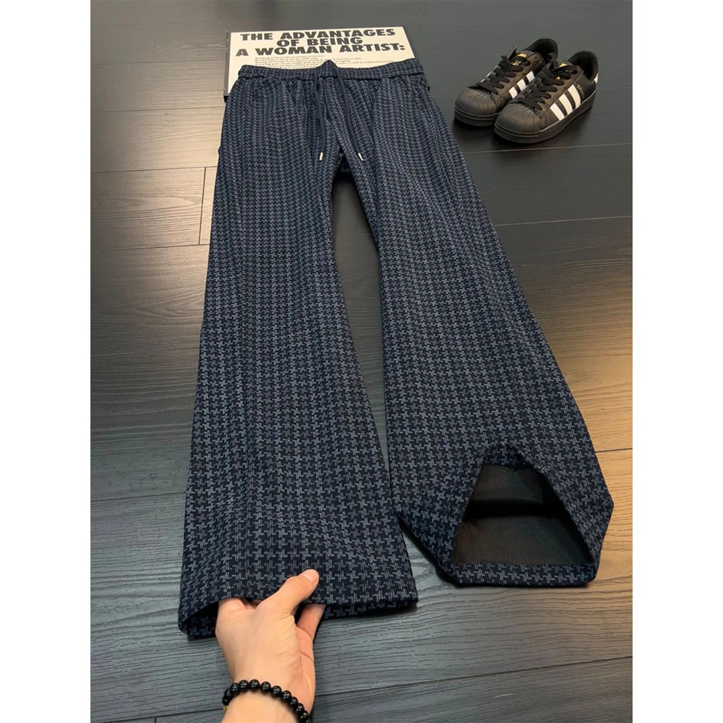 藏青色美式复古千鸟格裤子男款秋季潮牌提花满印运动裤青少年卫裤