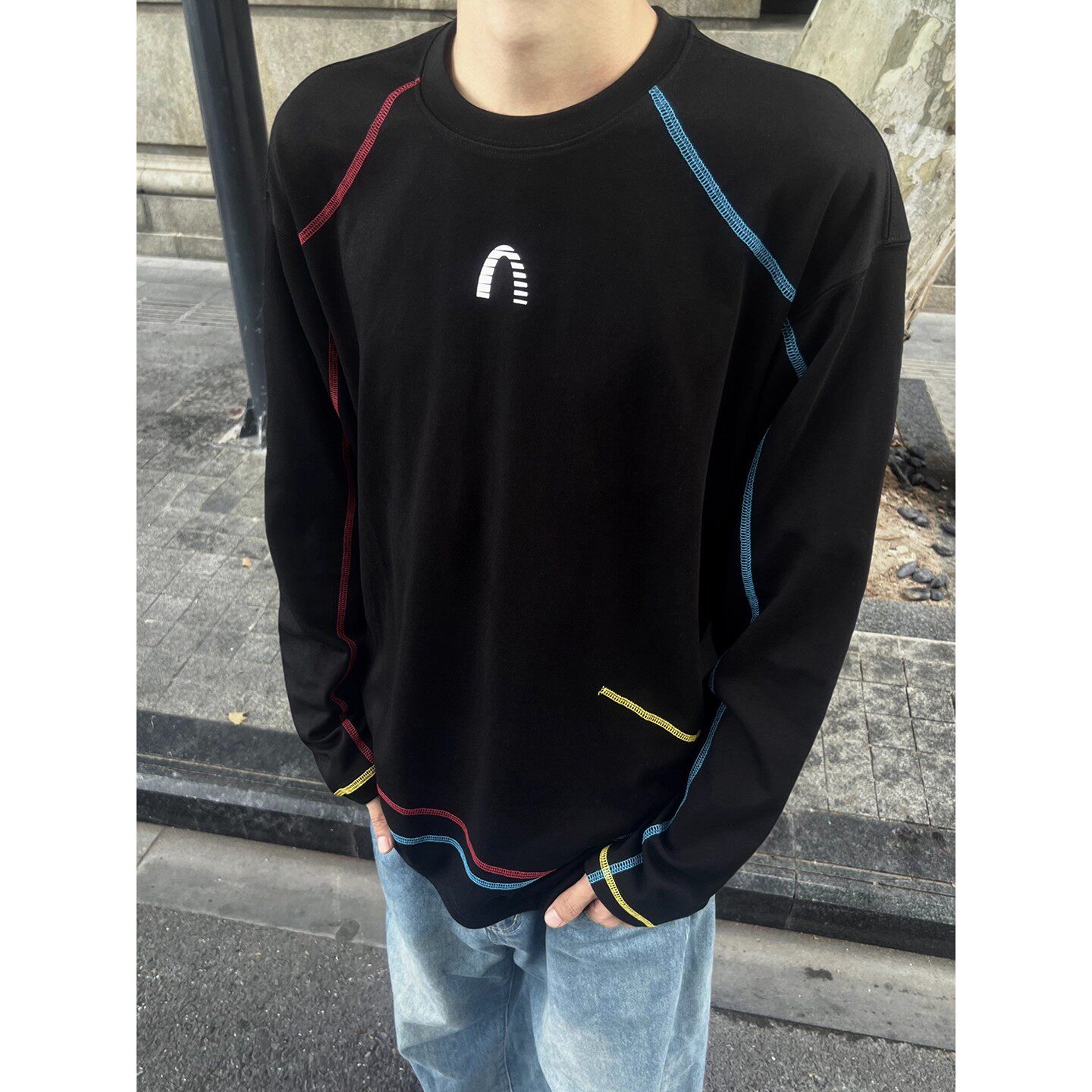 黑色速干长袖t恤男女款三针五线防晒羽毛球服美式户外运动骑行服