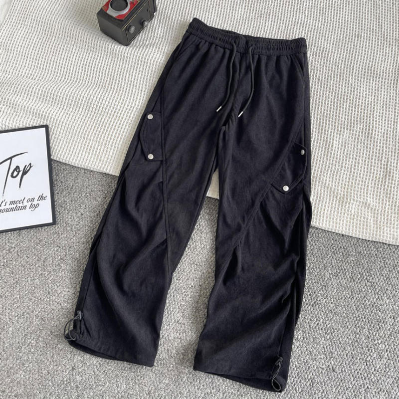 灯芯绒褶皱工装伞兵裤男款冬季美式重磅加绒卫裤宽松直筒弯刀裤子