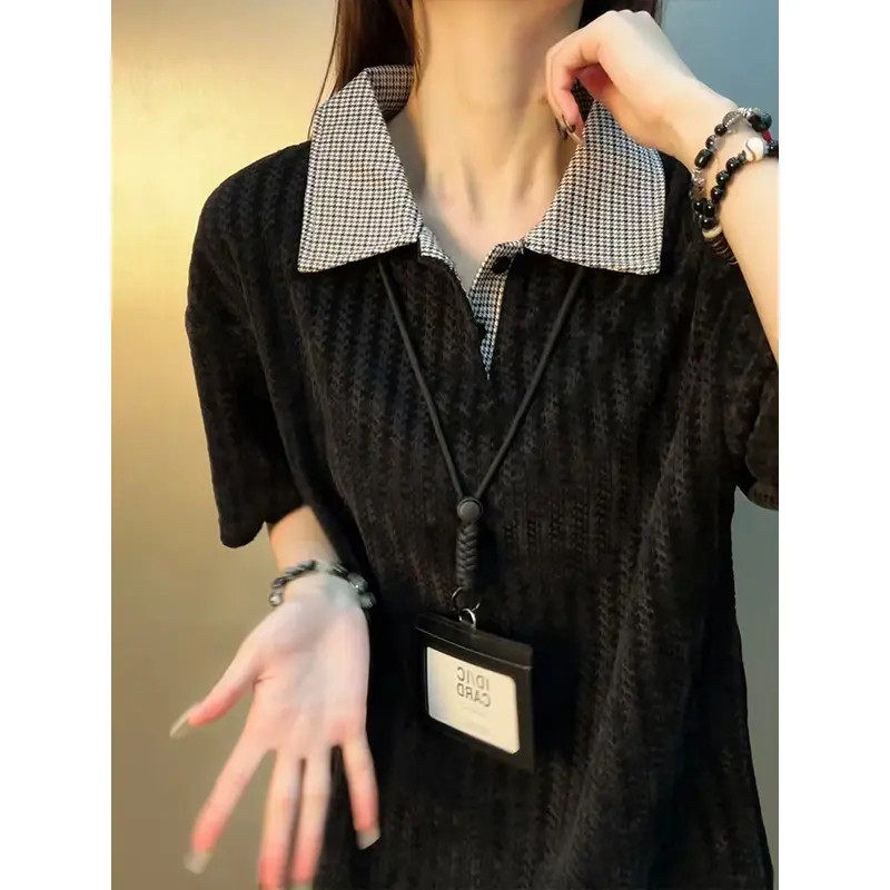 鱼骨纹短袖polo衫男女款夏季痞帅高级感翻领t恤重磅千鸟格半截袖