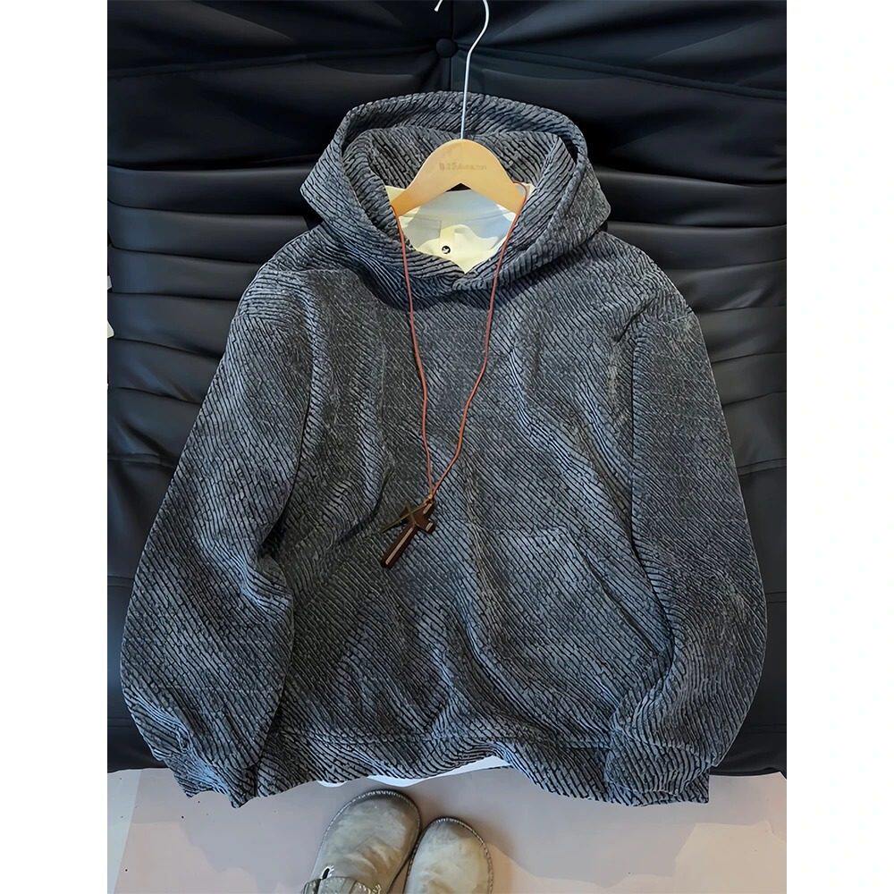 灰色雪尼尔斜条纹卫衣男秋冬重磅硬挺加绒连帽衫美式cleanfit外套