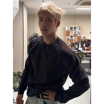 黑色蜂窝红标刺绣卫衣男款秋冬户外华夫格正肩长袖t恤内搭打底衫