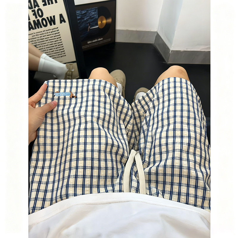 腊肠狗格子短裤男夏季薄款泡泡纱速干外穿五分裤子阔腿沙滩休闲裤
