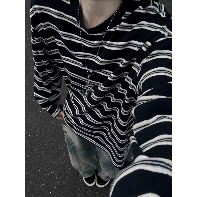 藏蓝色美式条纹长袖t恤男