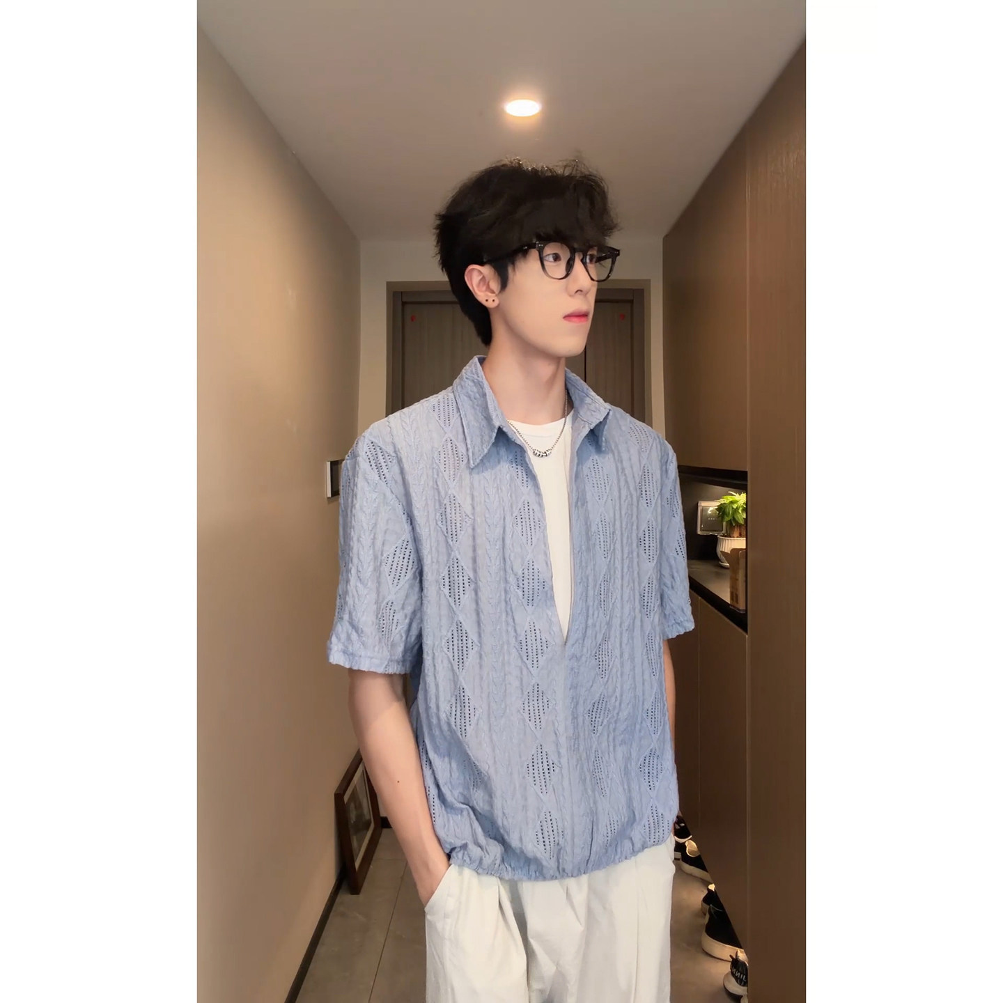 夏季网孔透气假两件Polo领T恤