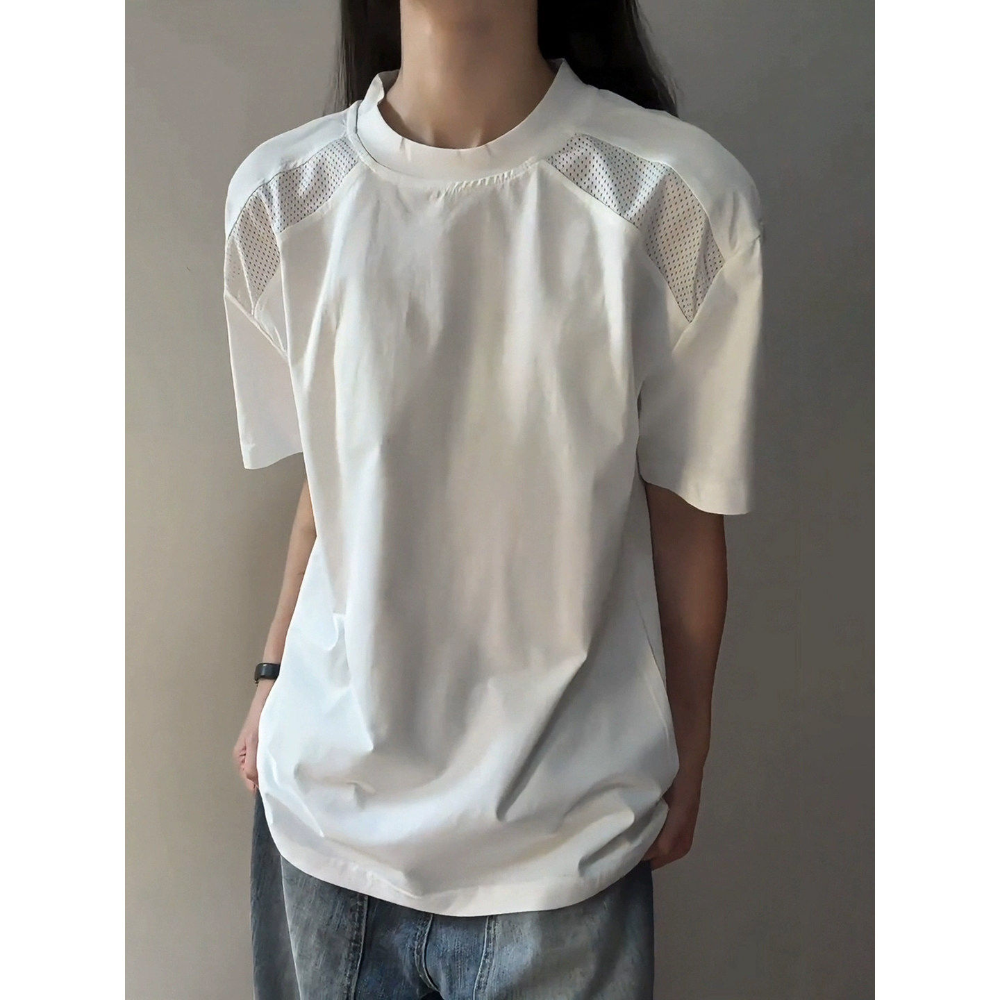 白色网眼速干正肩短袖男款索罗娜冰丝凉感防晒T恤美式小领口半袖