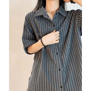 美鱼骨纹老钱风短袖衬衫男士夏季式重磅休闲衬衣潮流痞帅宽松外套