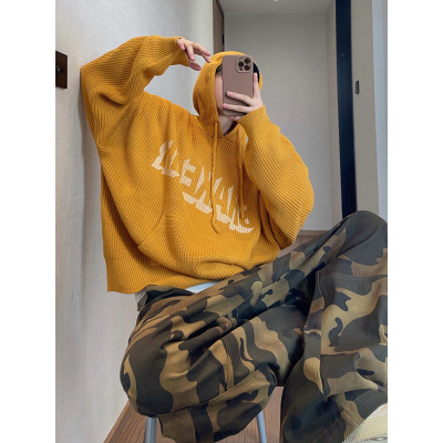 咸蛋黄色美式连帽毛衣男款秋冬宽松慵懒风针织衫cleanfit卫衣外套