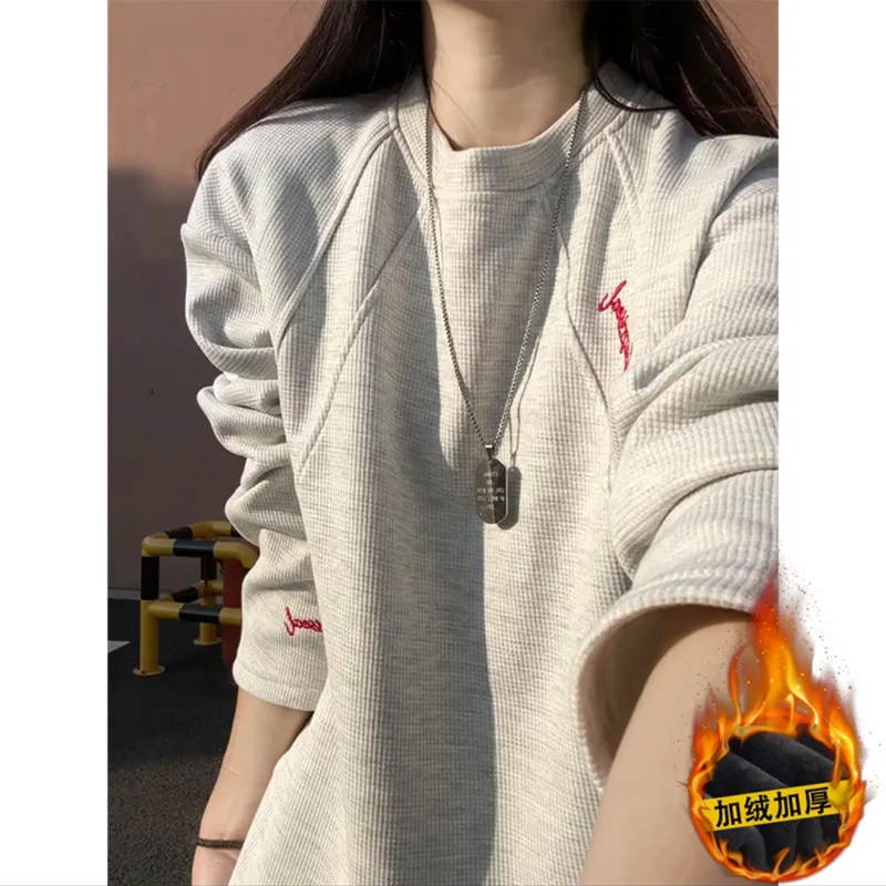 白花灰美式刺绣圆领卫衣男款秋冬加绒加厚重磅长袖T恤情侣打底衫