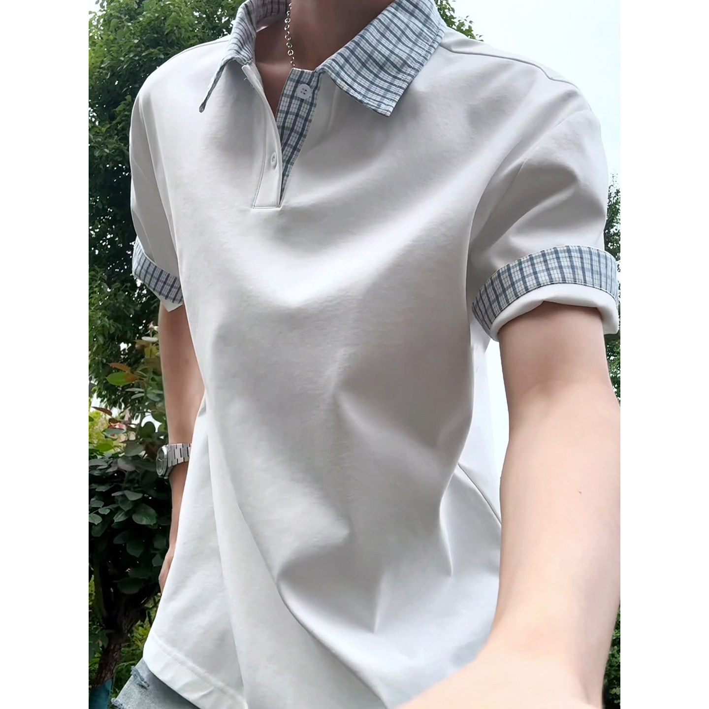 美式格子拼接POLO衫短袖男女夏季设计感情侣正肩t恤重磅翻领半袖
