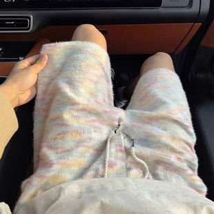 彩虹色糯米毛夏日多巴胺短裤男bf宽松慵懒风直筒裤子透气针织卫裤