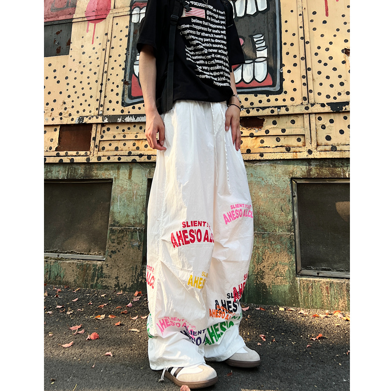 多巴胺字母印花速干裤男夏季薄款裤子宽松bf慵懒风嘻哈冰丝阔腿裤