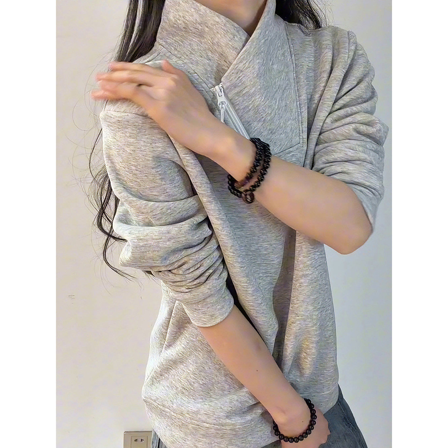 浅灰色美式斜拉链加绒卫衣男女款秋冬立领长袖t恤老钱风内搭上衣