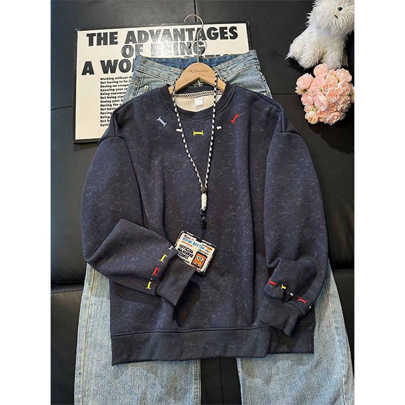 美式刺绣卫衣男女新款春季高级感痞帅扎染长袖t恤潮牌内搭打底衫