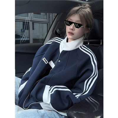 藏青色三条杠立领外套男秋季潮牌痞帅解构棒球服美式运动情侣夹克