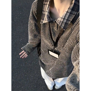 灰色雪尼尔重磅条纹针织卫衣男女款秋季慵懒风正肩长袖t恤polo衫