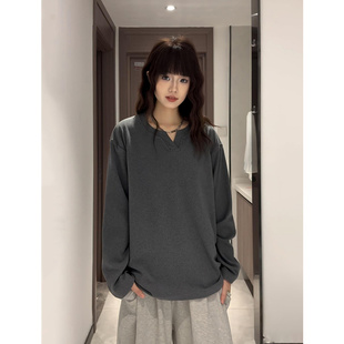 深灰色V领德绒打底衫男款秋冬美式内搭长袖t恤打底衫情侣正肩卫衣