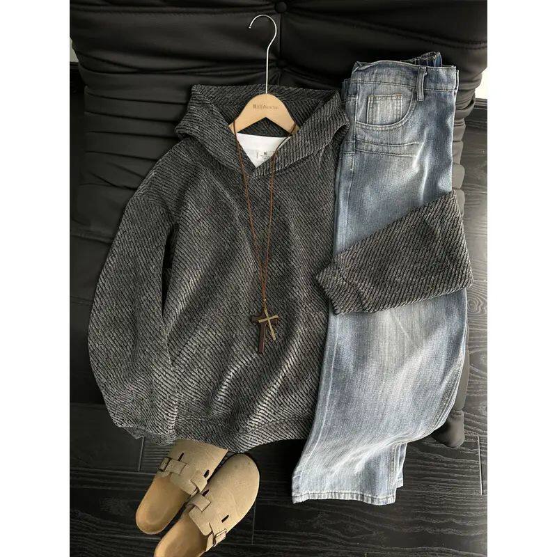 雪尼尔斜条纹连帽卫衣男秋冬季重磅硬挺宽松帽衫美式cleanfit外套