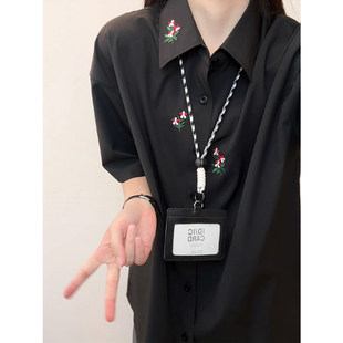 新中式国潮花卉刺绣冰丝短袖衬衫男女夏季小众设计感垂感速干衬衣