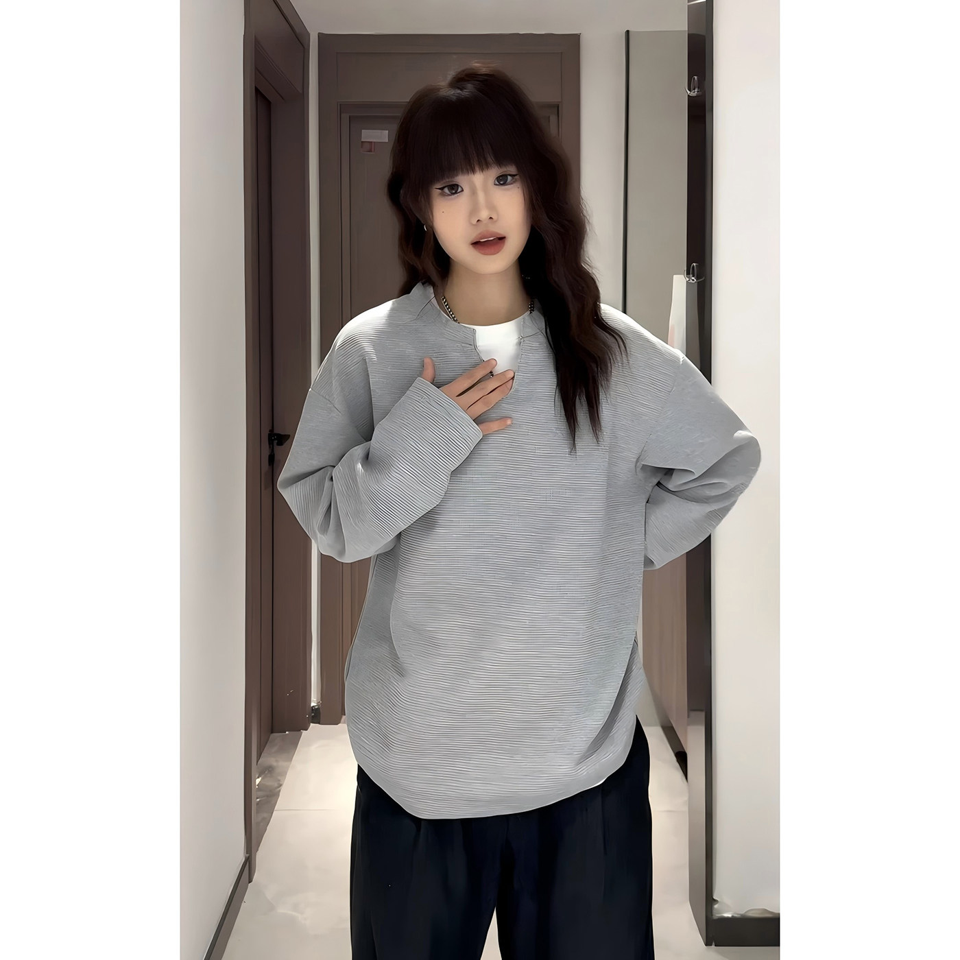 美式复古假两件长袖T恤男款秋冬高级感V领加绒卫衣重磅内搭打底衫