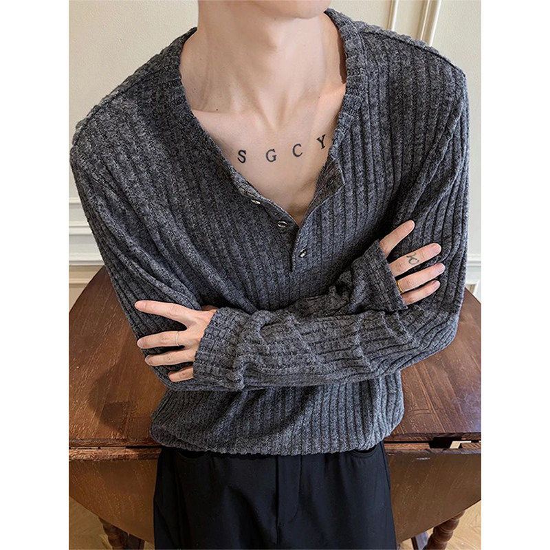 cleanfit灰色正肩长袖t恤男秋季高级感亨利领针织卫衣内搭打底衫