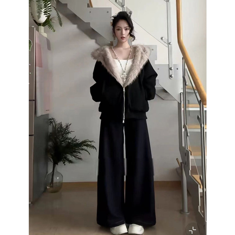 猫耳朵座山雕皮衣棉服外套男款冬季cleanfit美式复古毛领连帽夹克