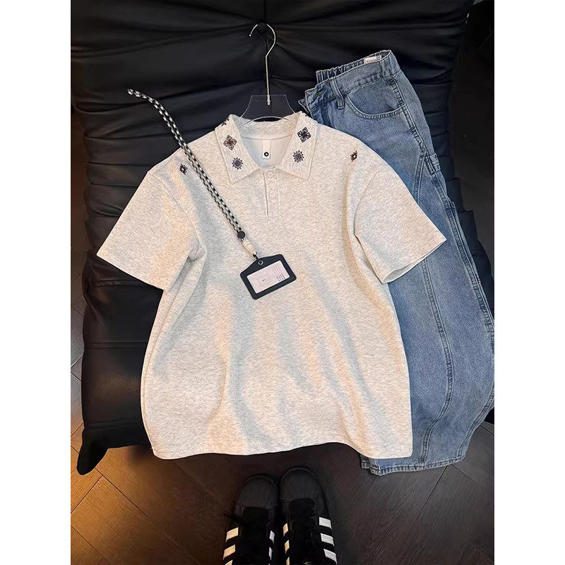 美式扎染刺绣短袖polo衫男款夏季痞帅高级感衬衫领t恤正肩半截袖