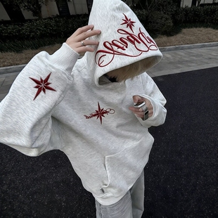 国潮美式高街北极星刺绣连帽卫衣男女情侣款宽松潮牌加绒帽衫外套
