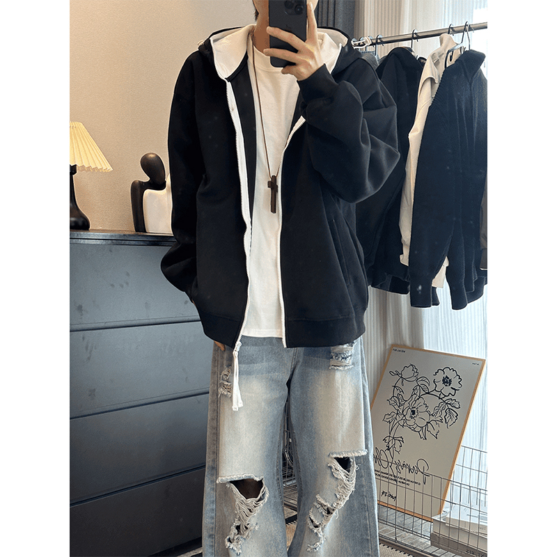 美式撞色拉链开衫连帽卫衣男款秋季重磅宽松潮牌休闲百搭情侣外套
