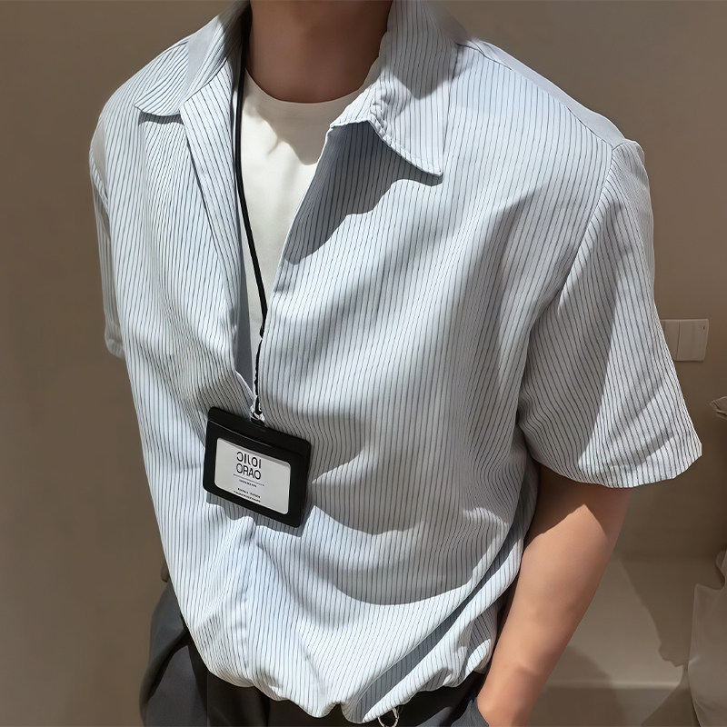 人夫感假两件蓝色条纹短袖衬衫男夏季cleanfit高知感痞帅v领衬衣